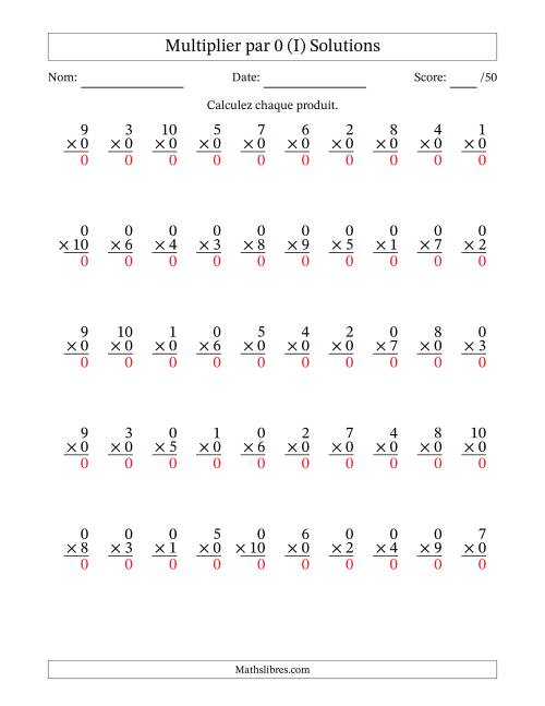 Multiplier (1 à 10) par 0 (50 Questions) (I) page 2