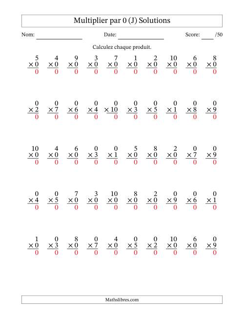 Multiplier (1 à 10) par 0 (50 Questions) (J) page 2