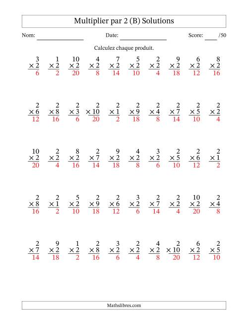Multiplier (1 à 10) par 2 (50 Questions) (B) page 2
