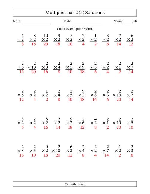 Multiplier (1 à 10) par 2 (50 Questions) (J) page 2