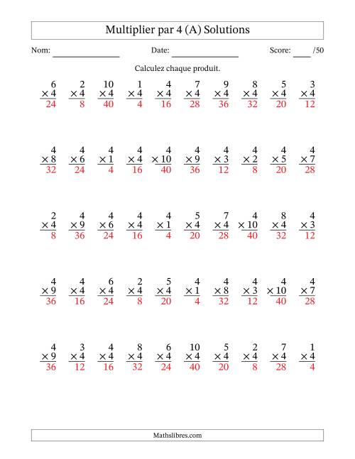 Multiplier (1 à 10) par 4 (50 Questions) (A) page 2