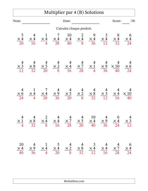 Multiplier (1 à 10) par 4 (50 Questions) (B) page 2