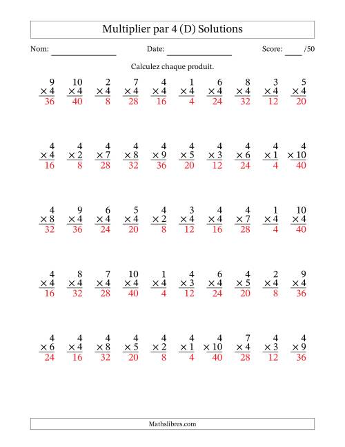 Multiplier (1 à 10) par 4 (50 Questions) (D) page 2