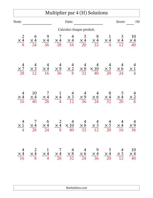 Multiplier (1 à 10) par 4 (50 Questions) (H) page 2