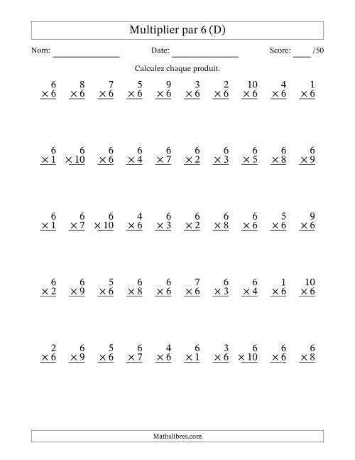 Multiplier (1 à 10) par 6 (50 Questions) (D)