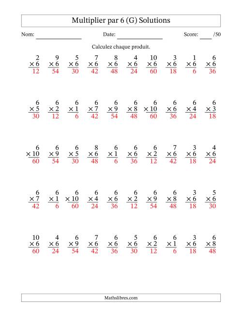 Multiplier (1 à 10) par 6 (50 Questions) (G) page 2