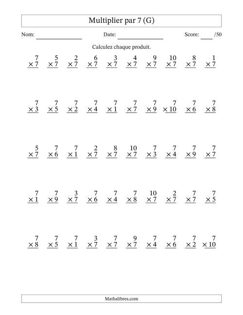 Multiplier (1 à 10) par 7 (50 Questions) (G)