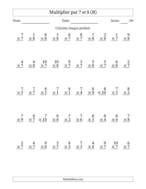 Multiplier (1 à 10) par 7 et 8 (50 Questions) (B)