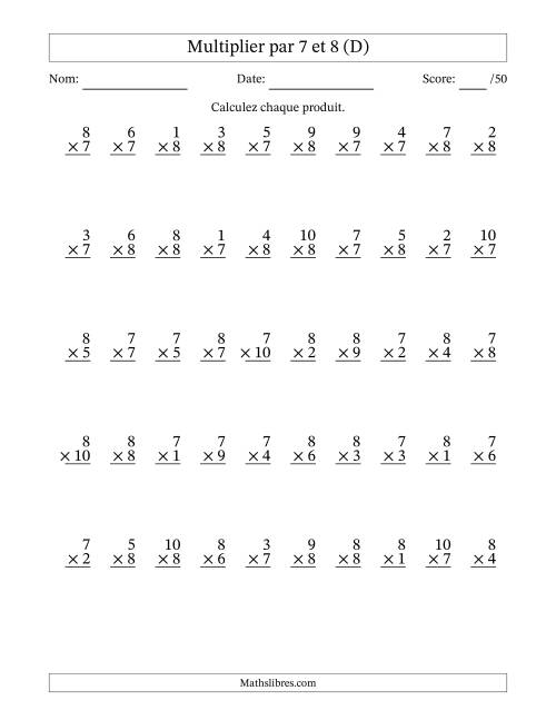 Multiplier (1 à 10) par 7 et 8 (50 Questions) (D)