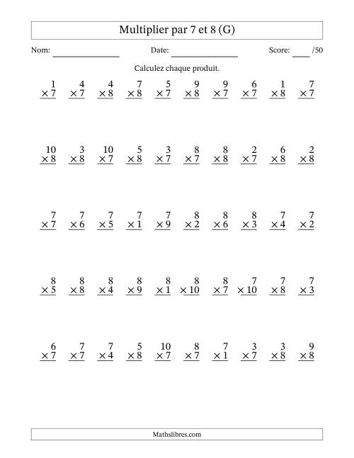 Multiplier (1 à 10) par 7 et 8 (50 Questions) (G)