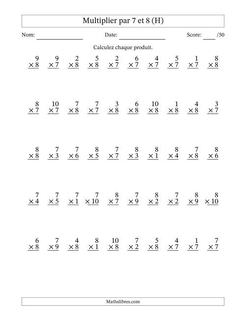 Multiplier (1 à 10) par 7 et 8 (50 Questions) (H)