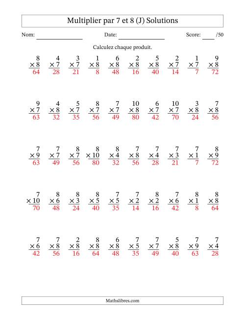 Multiplier (1 à 10) par 7 et 8 (50 Questions) (J) page 2