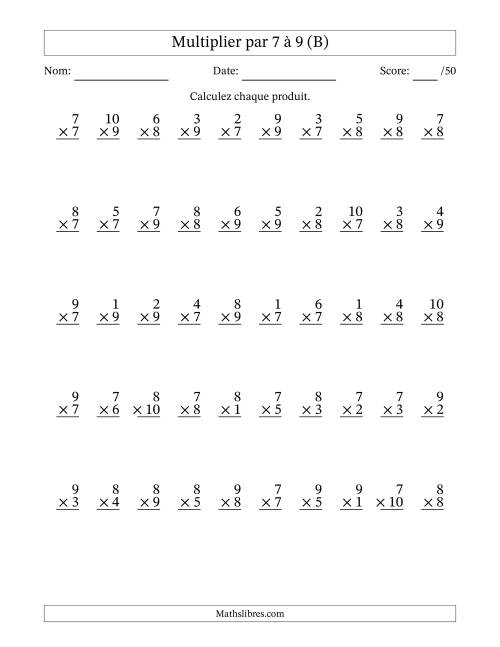 Multiplier (1 à 10) par 7 à 9 (50 Questions) (B)
