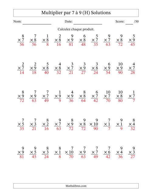 Multiplier (1 à 10) par 7 à 9 (50 Questions) (H) page 2