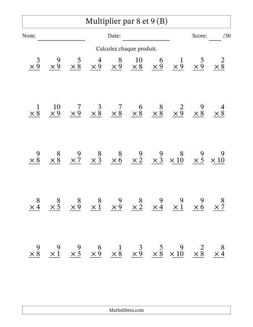 Multiplier (1 à 10) par 8 et 9 (50 Questions) (B)