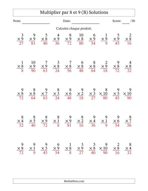 Multiplier (1 à 10) par 8 et 9 (50 Questions) (B) page 2