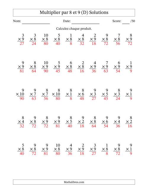Multiplier (1 à 10) par 8 et 9 (50 Questions) (D) page 2