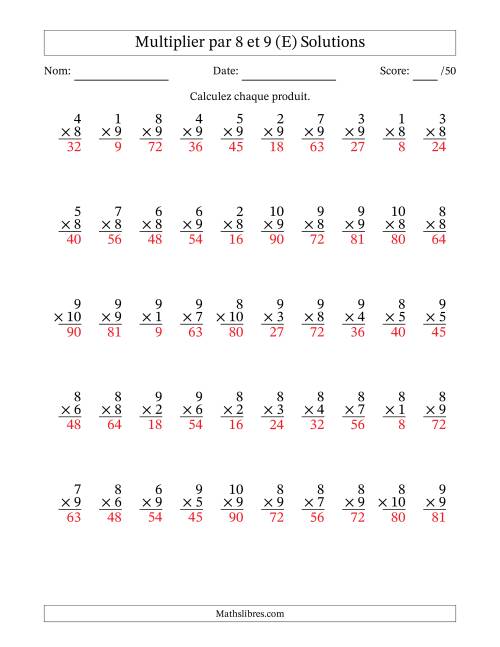 Multiplier (1 à 10) par 8 et 9 (50 Questions) (E) page 2
