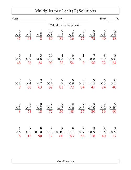 Multiplier (1 à 10) par 8 et 9 (50 Questions) (G) page 2