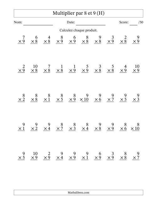 Multiplier (1 à 10) par 8 et 9 (50 Questions) (H)