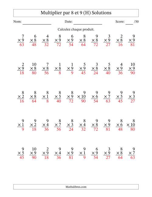Multiplier (1 à 10) par 8 et 9 (50 Questions) (H) page 2
