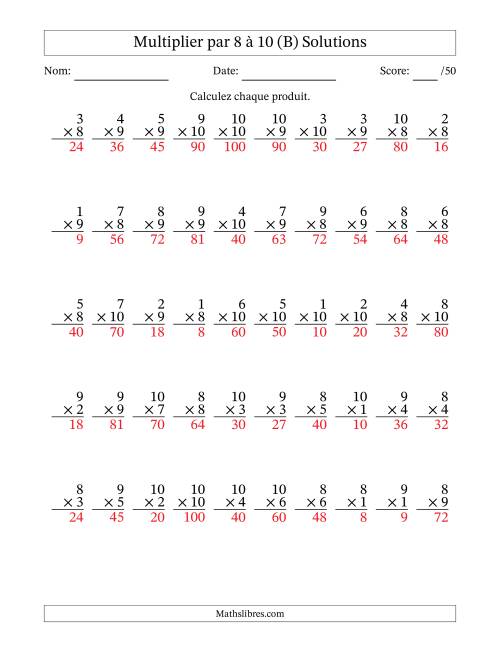 Multiplier (1 à 10) par 8 à 10 (50 Questions) (B) page 2