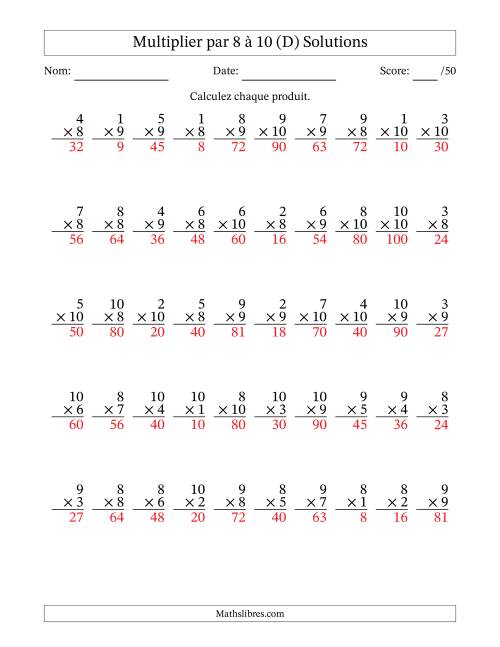 Multiplier (1 à 10) par 8 à 10 (50 Questions) (D) page 2
