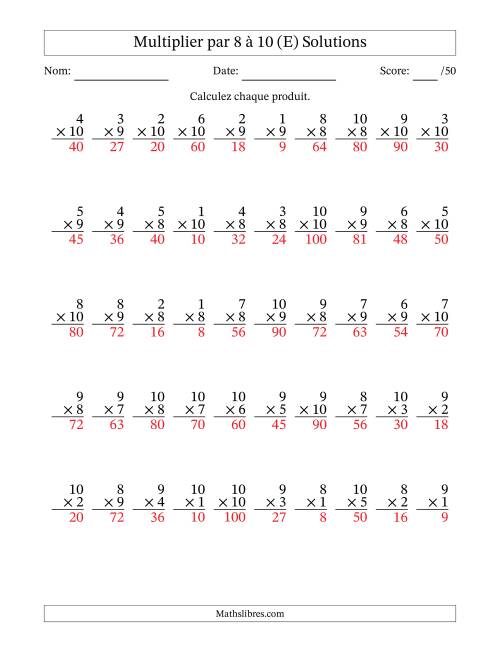 Multiplier (1 à 10) par 8 à 10 (50 Questions) (E) page 2