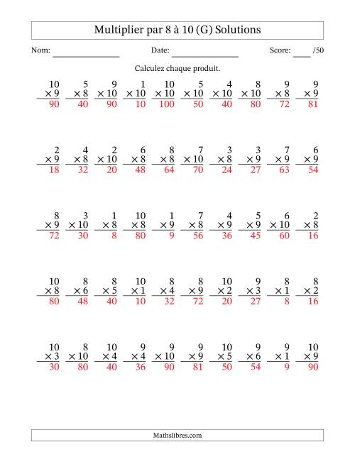 Multiplier (1 à 10) par 8 à 10 (50 Questions) (G) page 2