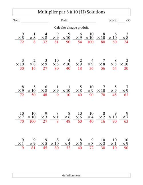 Multiplier (1 à 10) par 8 à 10 (50 Questions) (H) page 2