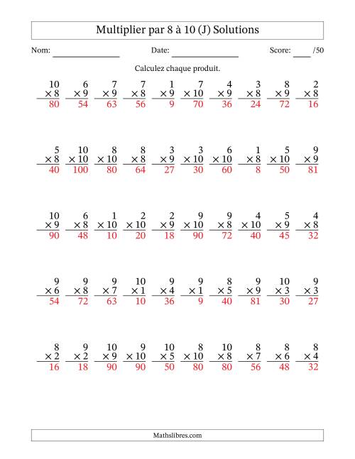 Multiplier (1 à 10) par 8 à 10 (50 Questions) (J) page 2