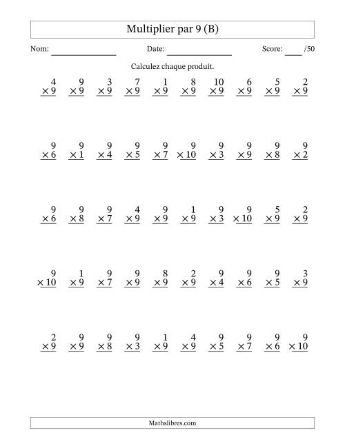 Multiplier (1 à 10) par 9 (50 Questions) (B)