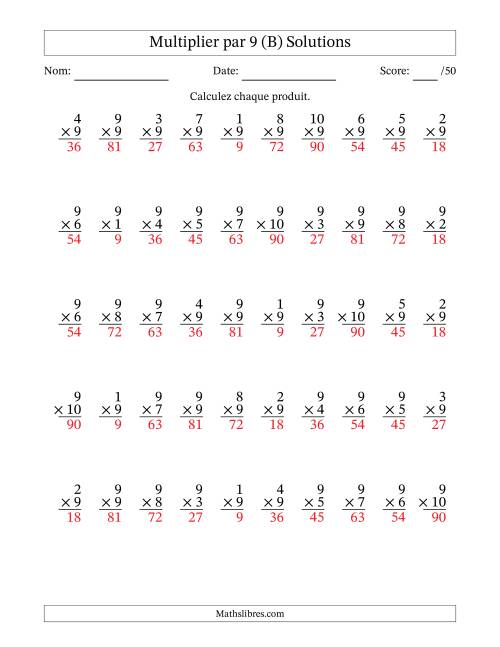 Multiplier (1 à 10) par 9 (50 Questions) (B) page 2