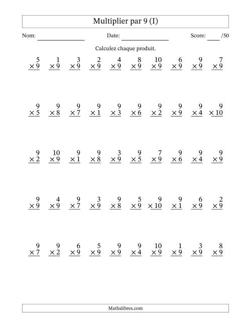 Multiplier (1 à 10) par 9 (50 Questions) (I)