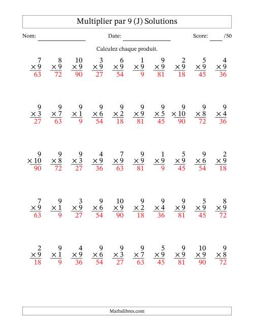 Multiplier (1 à 10) par 9 (50 Questions) (J) page 2