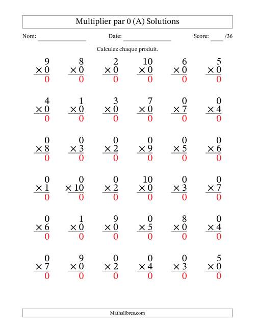 Multiplier (1 à 10) par 0 (36 Questions) (A) page 2