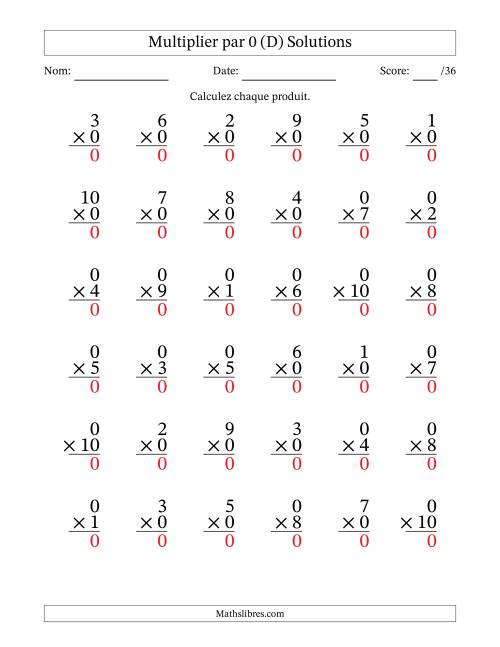 Multiplier (1 à 10) par 0 (36 Questions) (D) page 2