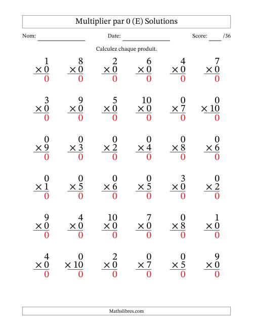 Multiplier (1 à 10) par 0 (36 Questions) (E) page 2