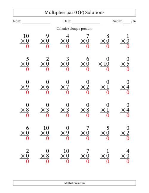 Multiplier (1 à 10) par 0 (36 Questions) (F) page 2
