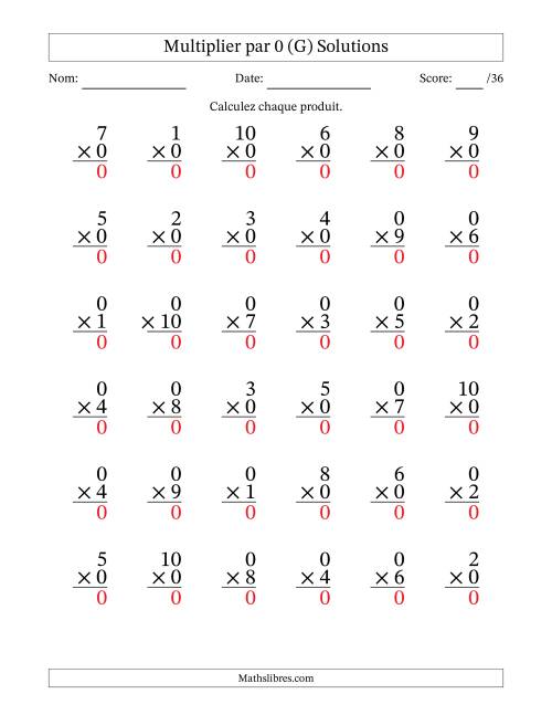 Multiplier (1 à 10) par 0 (36 Questions) (G) page 2