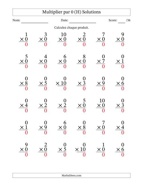 Multiplier (1 à 10) par 0 (36 Questions) (H) page 2