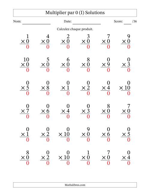 Multiplier (1 à 10) par 0 (36 Questions) (I) page 2