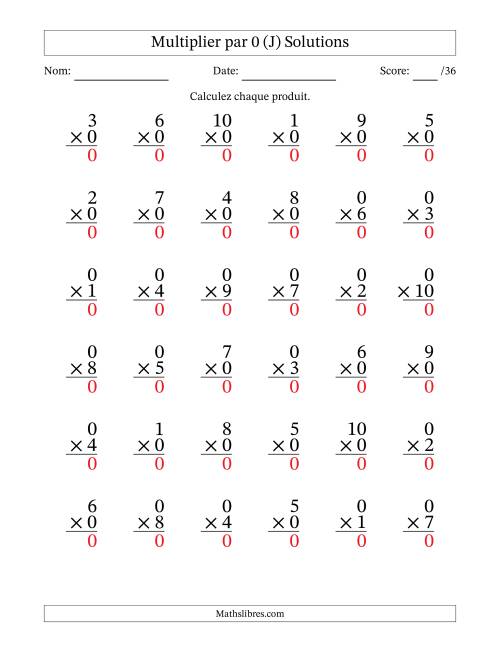 Multiplier (1 à 10) par 0 (36 Questions) (J) page 2