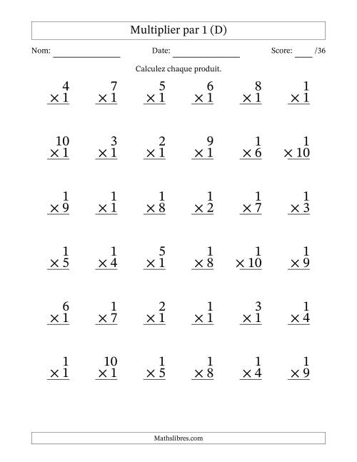 Multiplier (1 à 10) par 1 (36 Questions) (D)