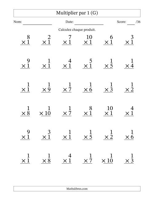 Multiplier (1 à 10) par 1 (36 Questions) (G)