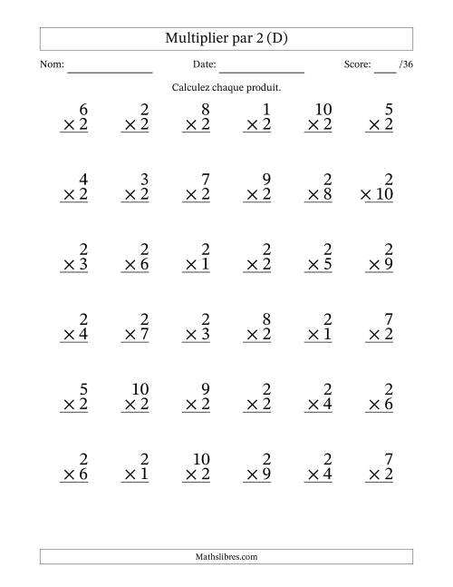 Multiplier (1 à 10) par 2 (36 Questions) (D)
