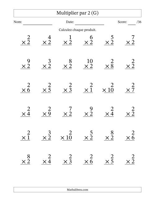 Multiplier (1 à 10) par 2 (36 Questions) (G)