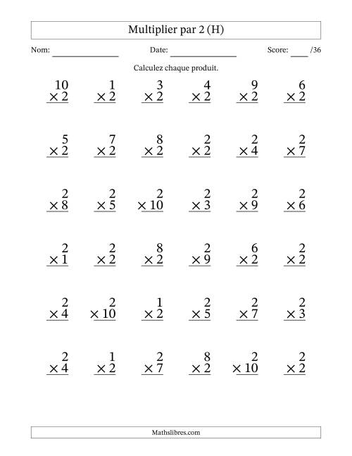 Multiplier (1 à 10) par 2 (36 Questions) (H)