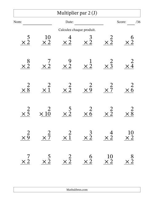 Multiplier (1 à 10) par 2 (36 Questions) (J)