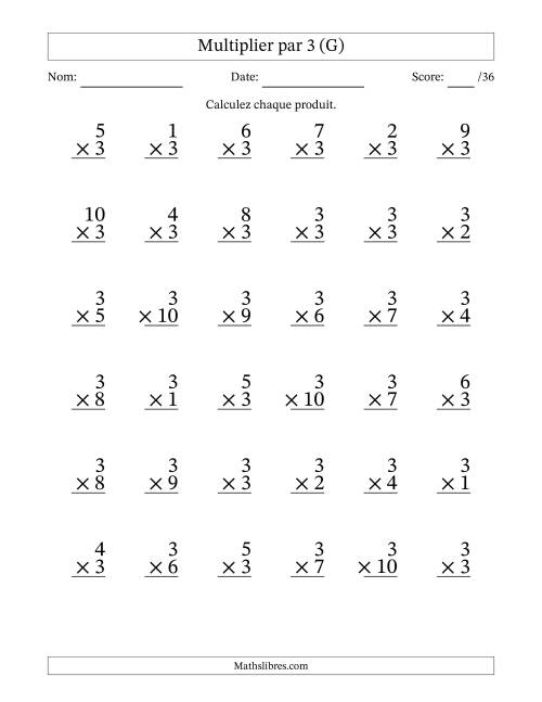 Multiplier (1 à 10) par 3 (36 Questions) (G)